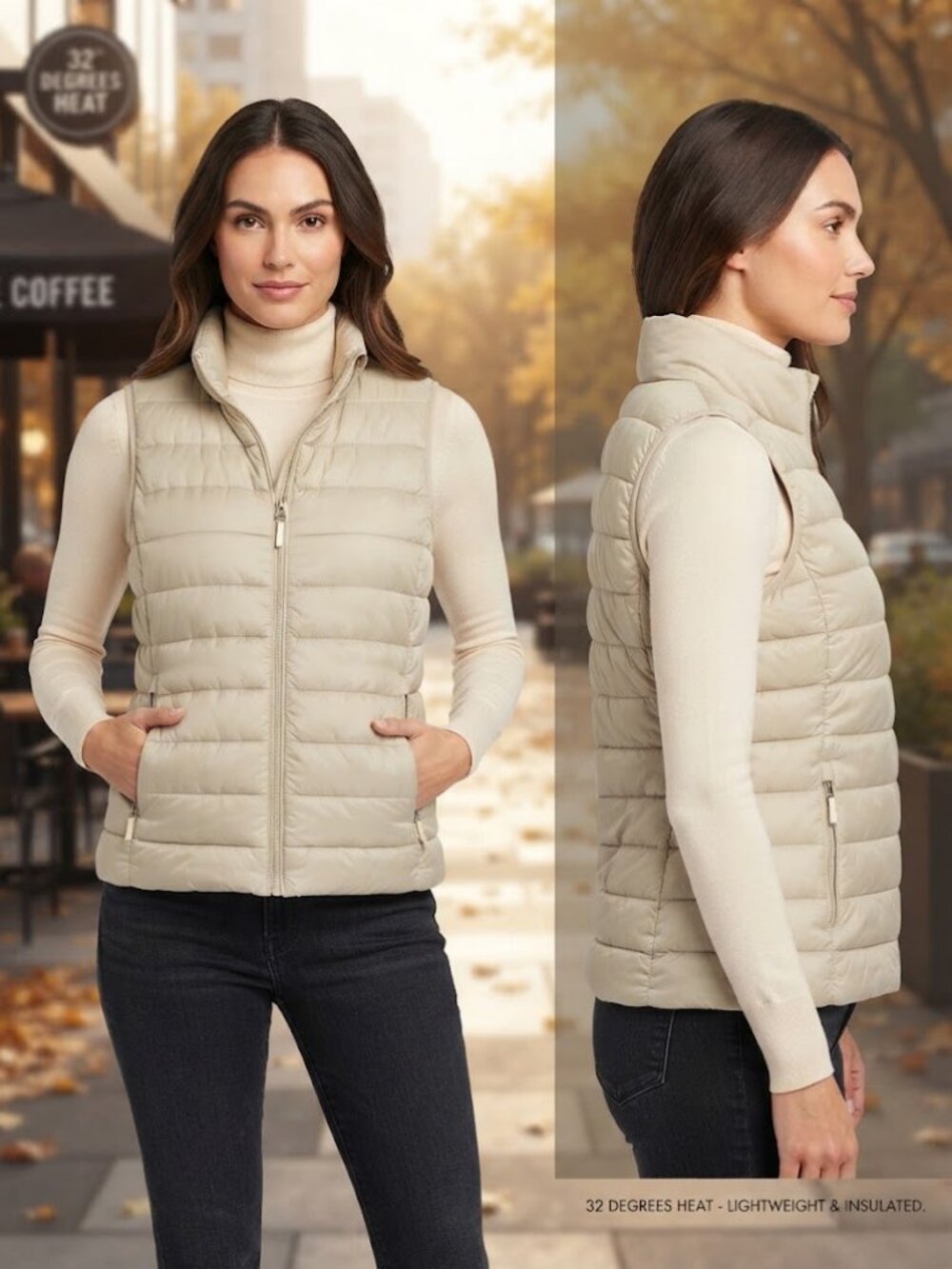32 Degrees Heat Insulated Quilted Puffer Vest Champagne Beige Women's Large NEW